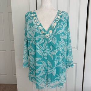 Ruby Rd Women 2 XL Blouse Shirt Top Tunic Mesh Linen 3/4 Sleeve Beaded turquoise